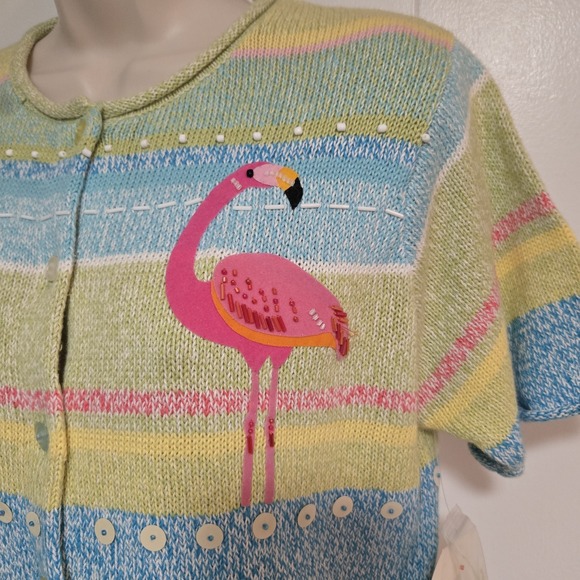 Susan Bristol Size S Short Sleeve Sweater Cardigan‎ Beaded Flamingos 2001 NEW - Picture 2 of 8